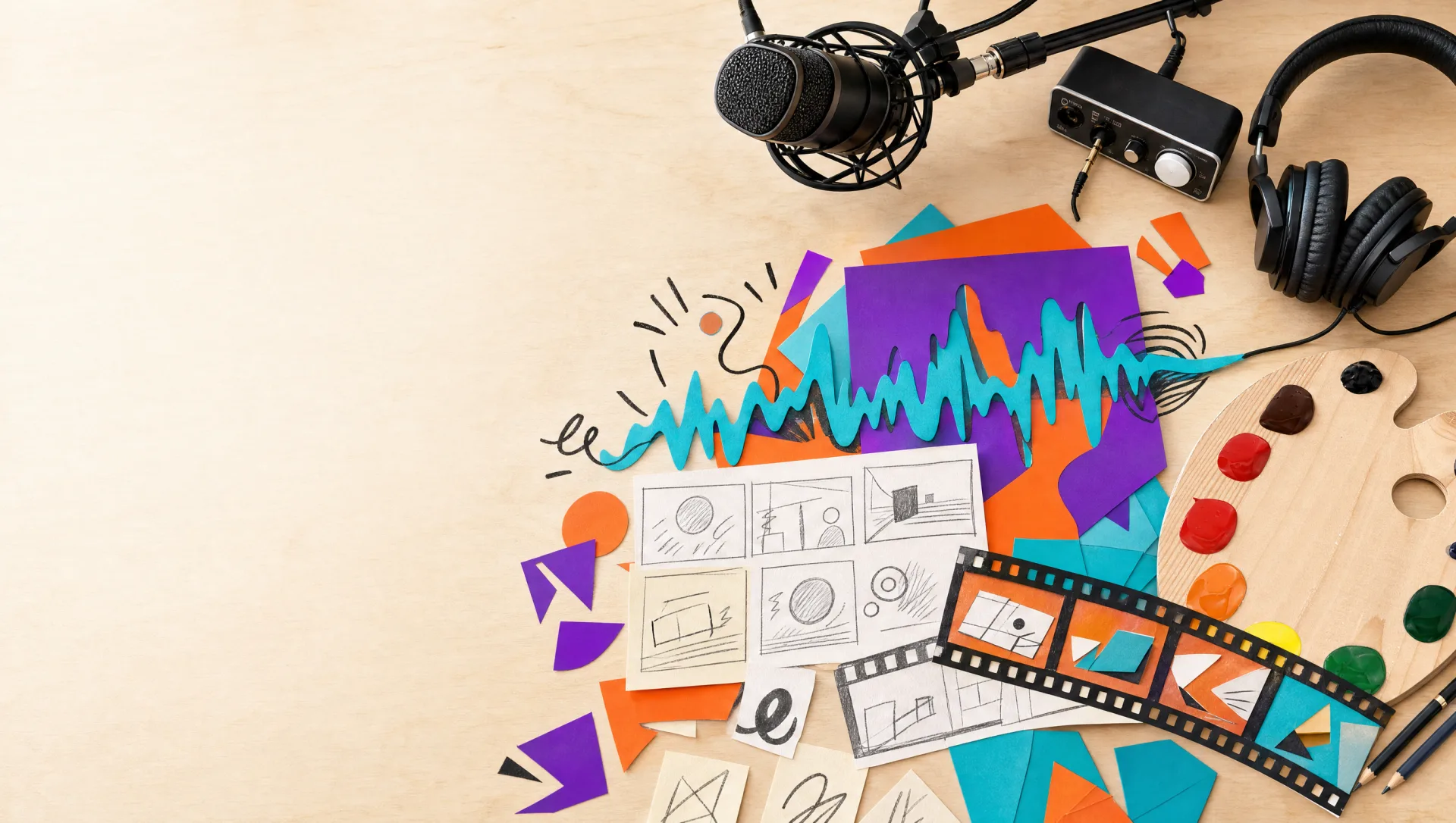 Conceptual creative worktable with music, storytelling, film and visual-art tools