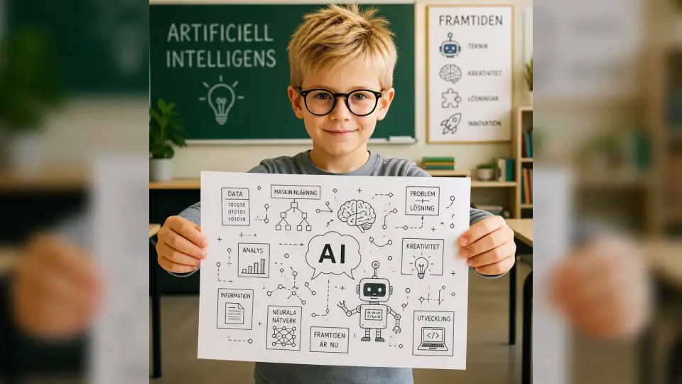 Student presenting an AI-generated illustration during a creative school workshop