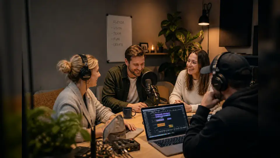 Company team recording music together during a creative kick-off