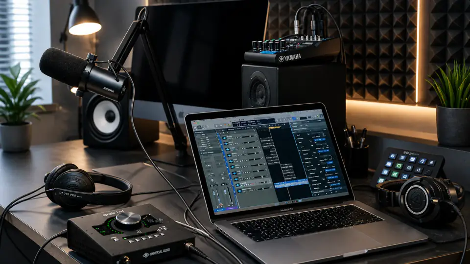 Microphone, headphones and audio interface used in a school songwriting workshop