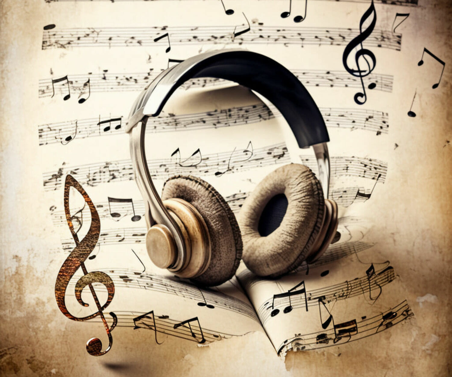 Headset med ett papper och musiknoter