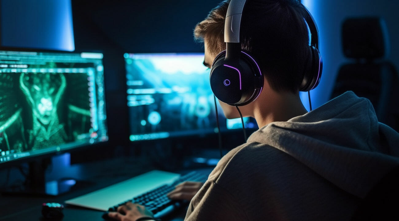 teenager with his back to the camera creating a computer game