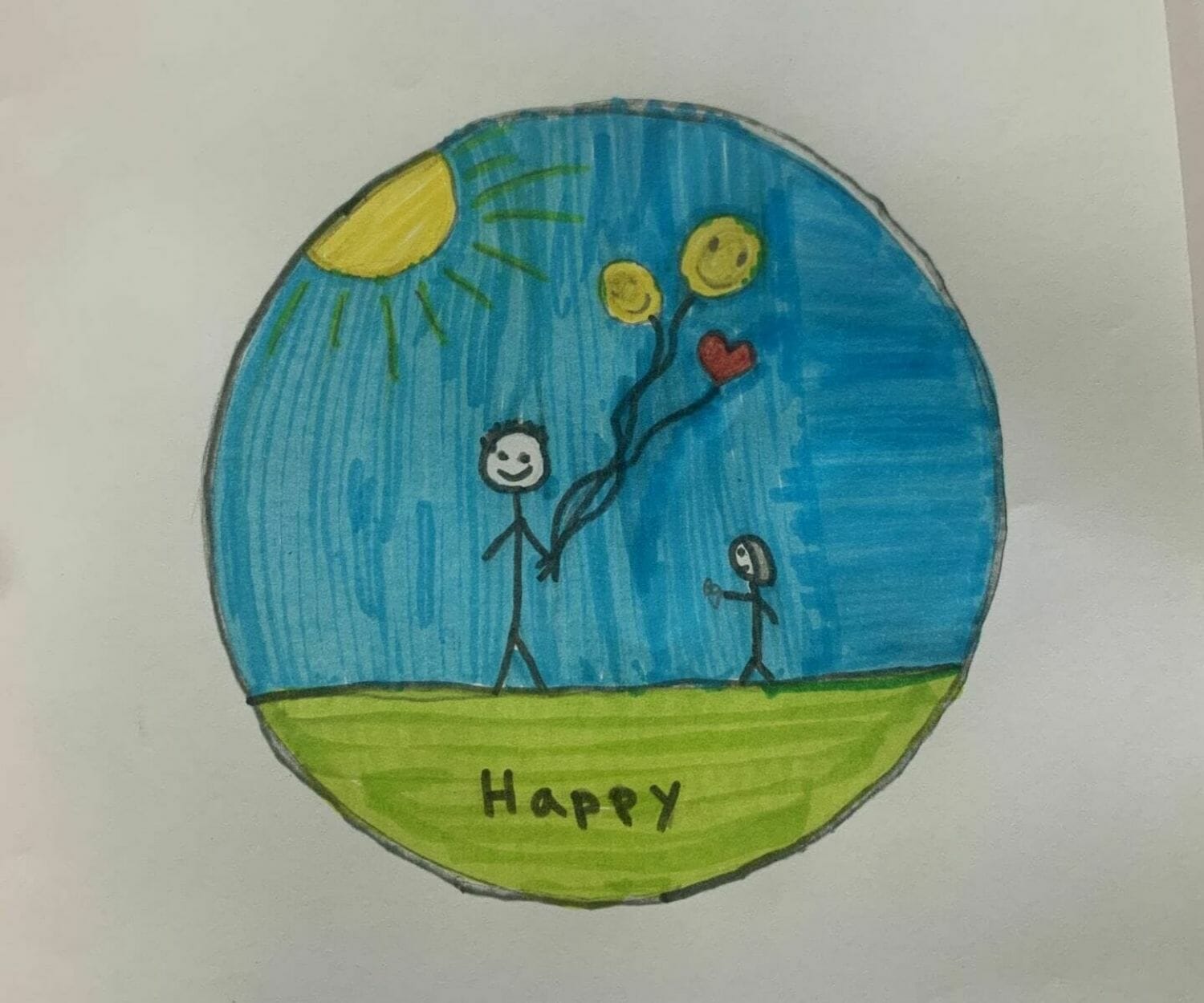 Teckning av två glada personer som håller ballonger