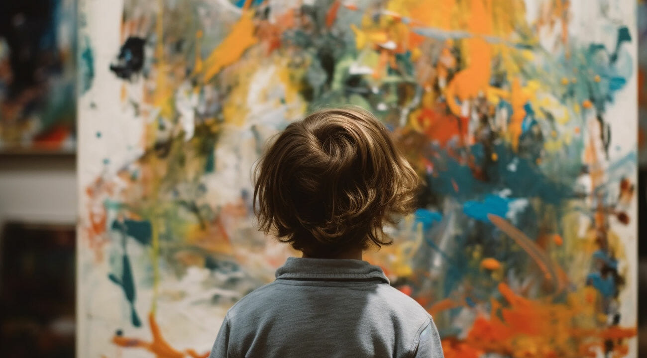A child with his back to the camera painting on a med
