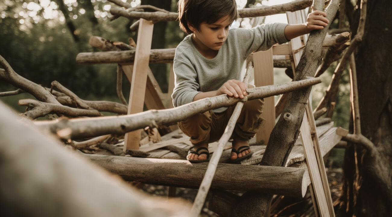 A kid building a simple treehouse