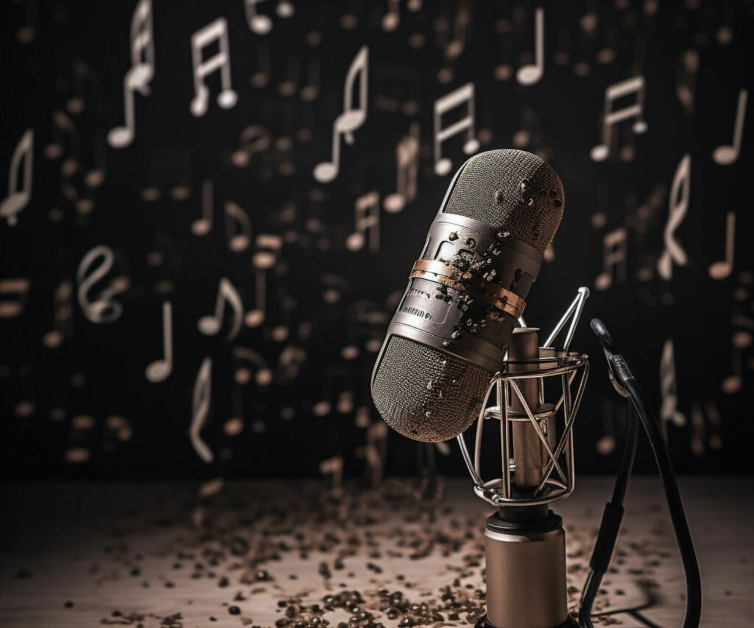 A studio microphone surrounded by musical notes