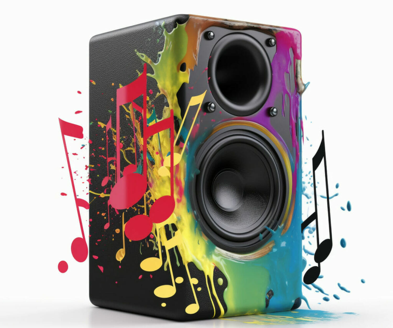 music notes pouring out of colorful speaker