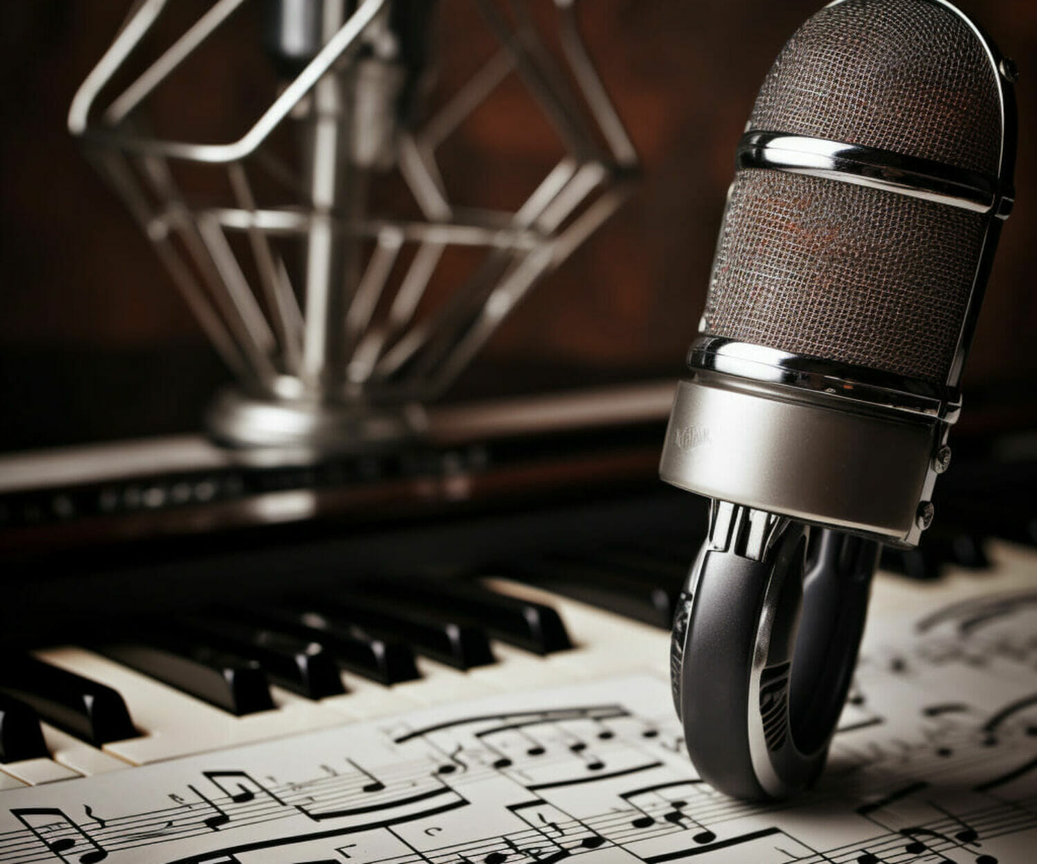 Music notes and a studio microphone