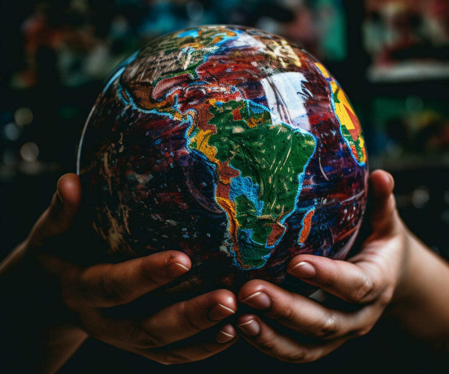 A hand holding a colorful globe