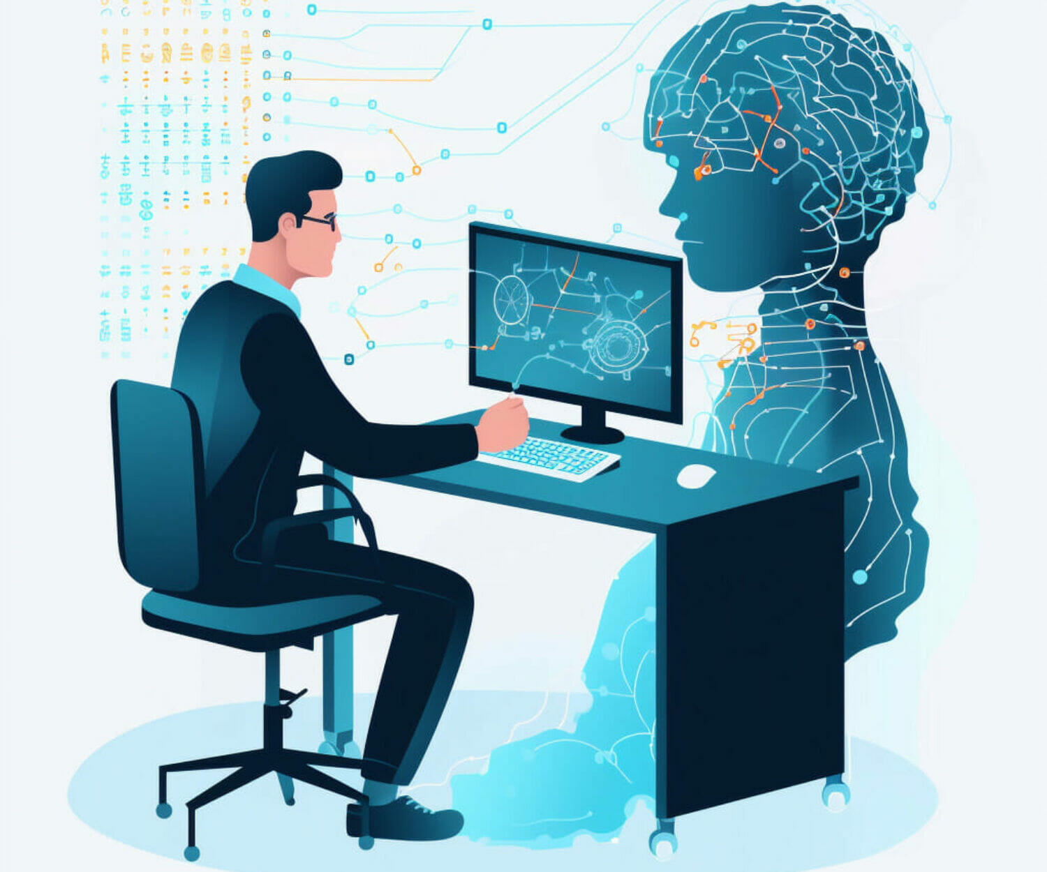 A man sitting and working with a computer and an AI