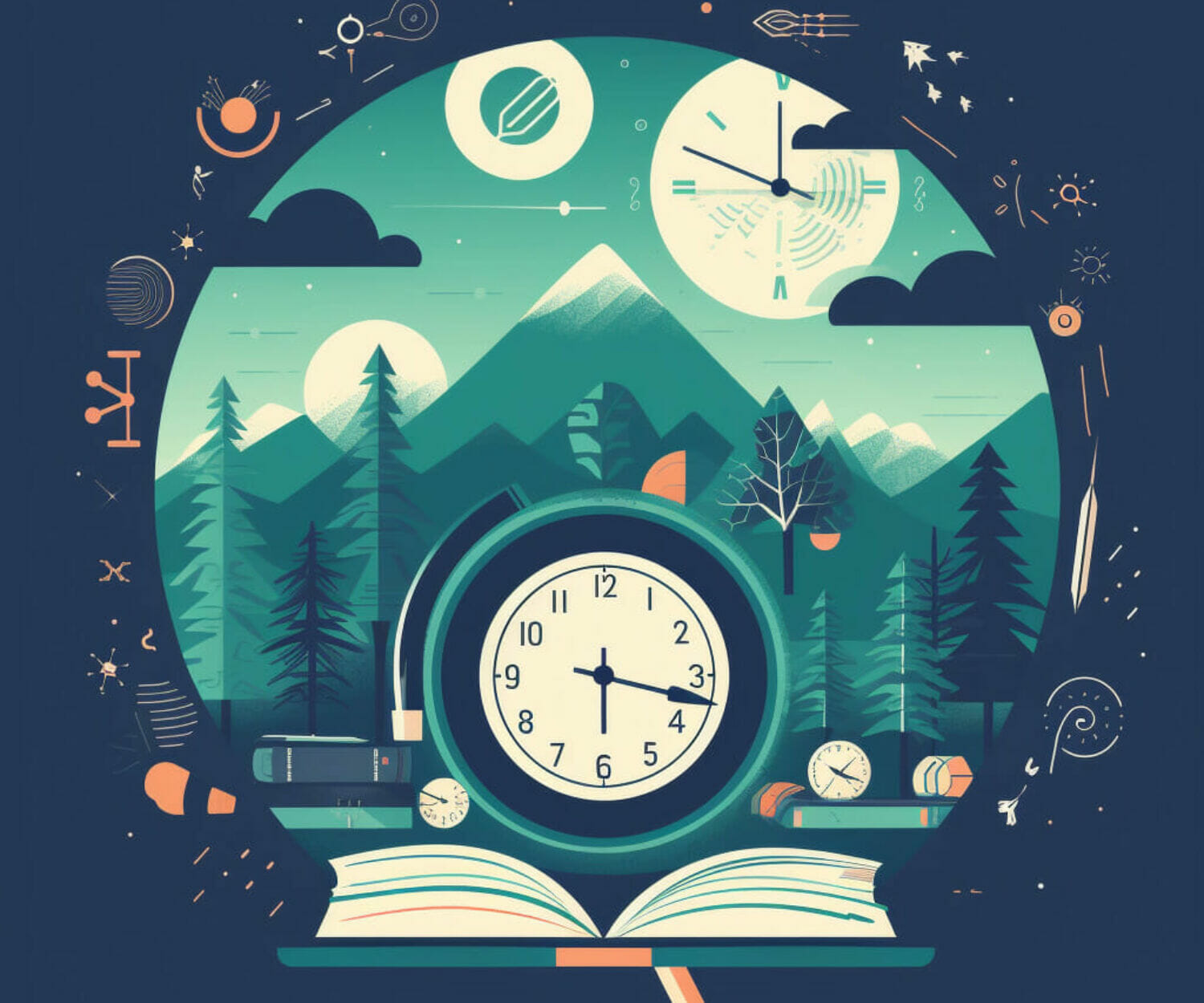 En bild på en klocka och bok