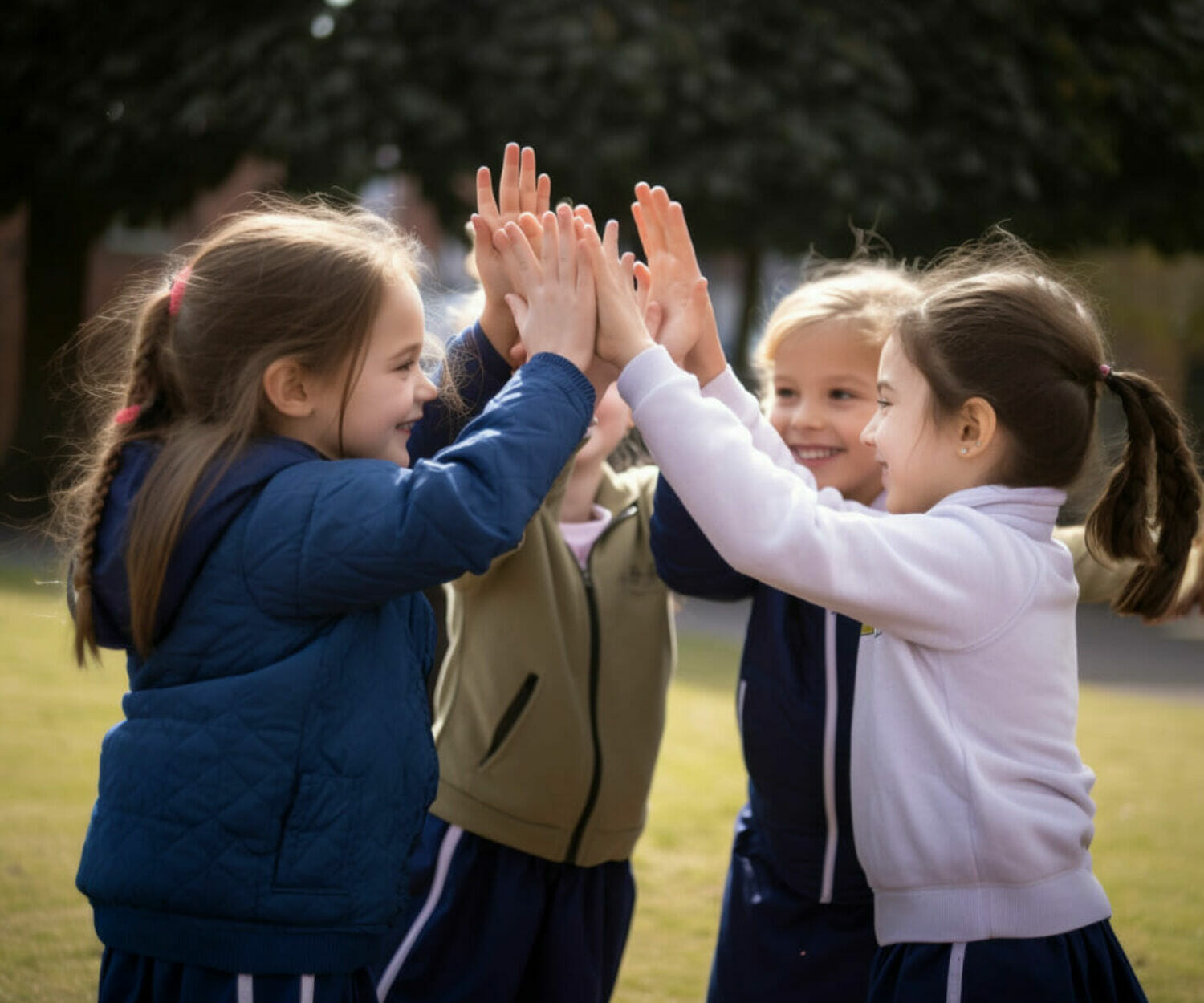 Förebygga mobbing, fyra barn som gör high-five