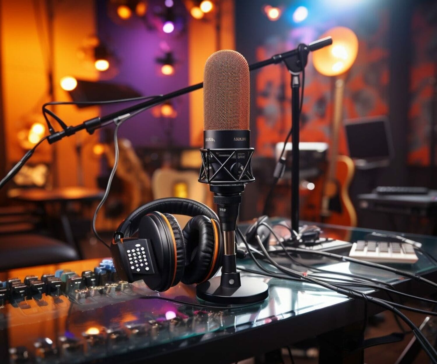 Bild av en studiomikrofon i en färgglad modern miljö