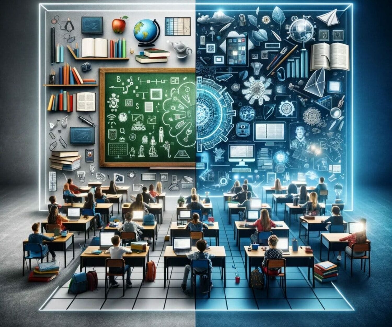 En bild av ett klassiskt klassrum och ett mordernt klassrum