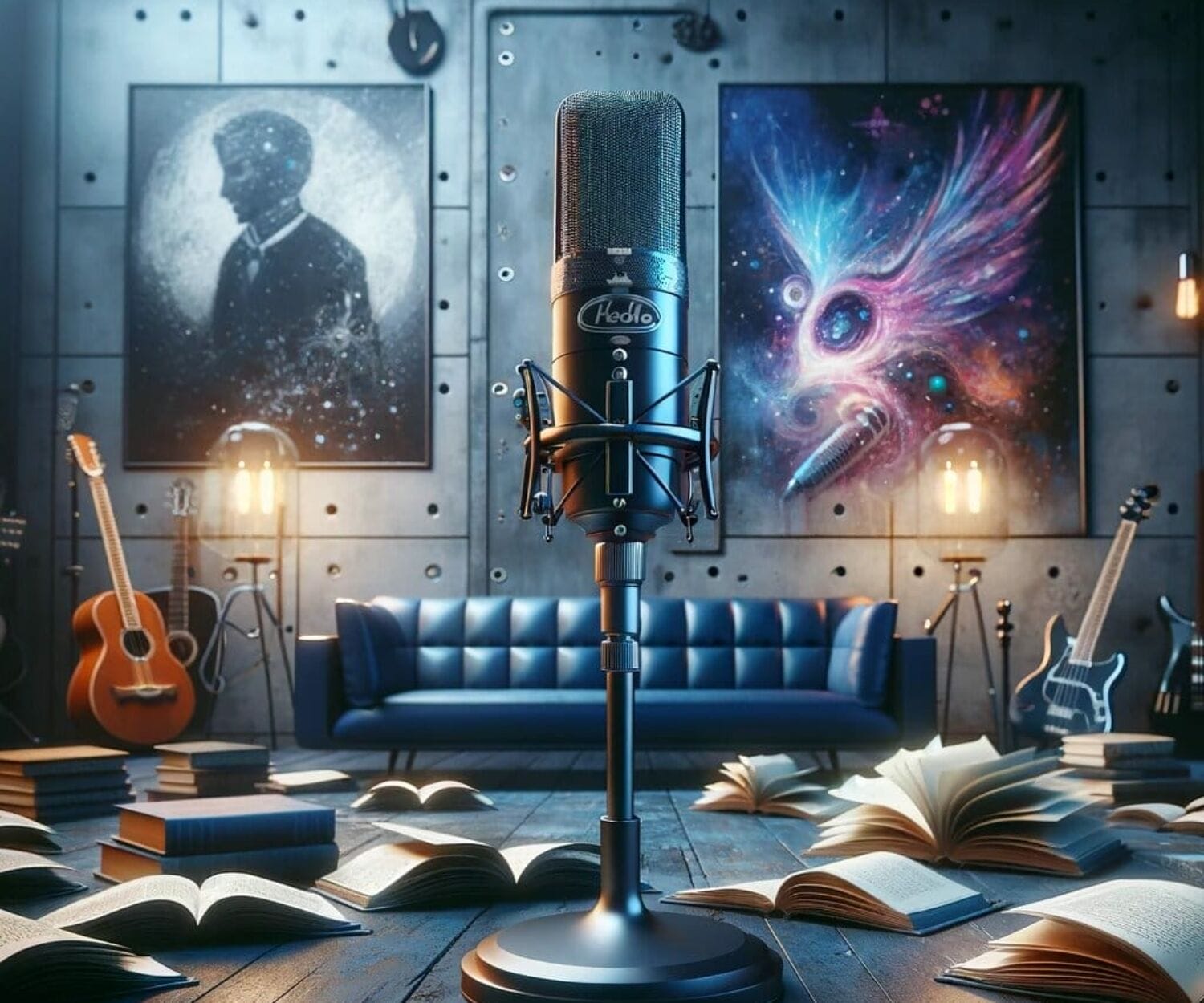 Mikrofon i ett rum med böcker på golvet