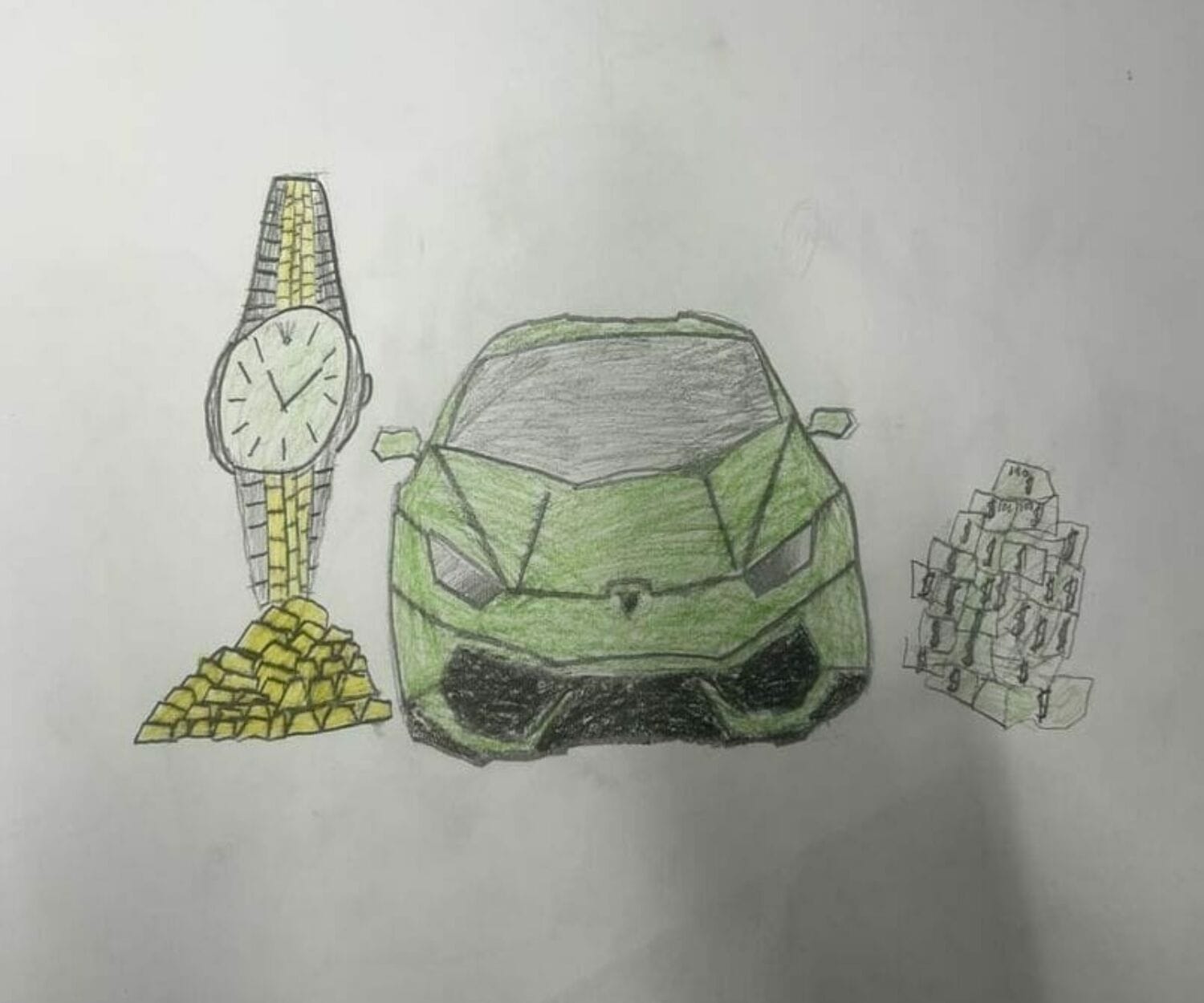 Tim Lindfors 5 Teckning av en klocka, bil och pengar