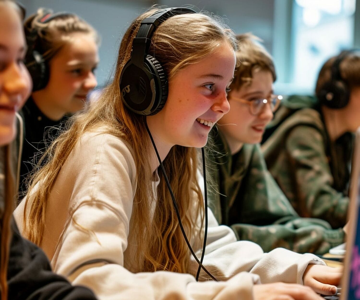 Barn som sitter och jobbar på datorer