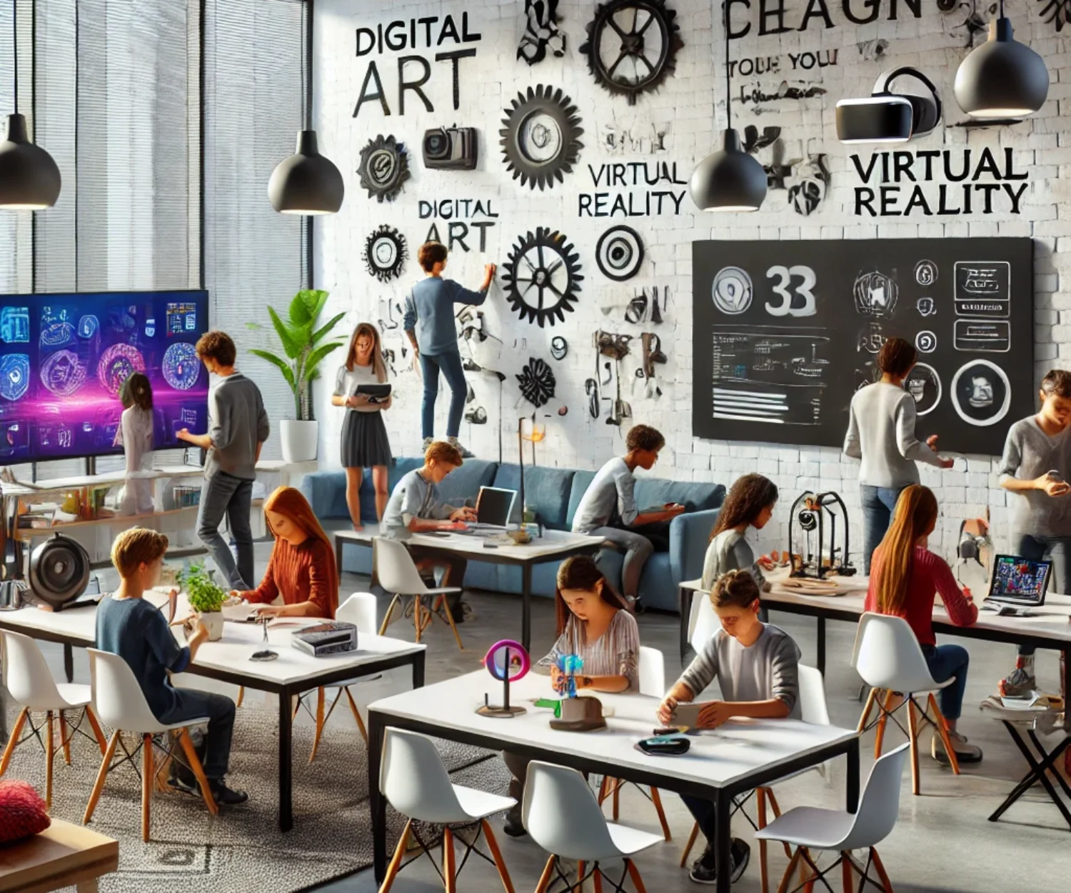 A modern and cool classroom setting with diverse students engaged in creative activities. The classroom has a sleek design with advanced technology li