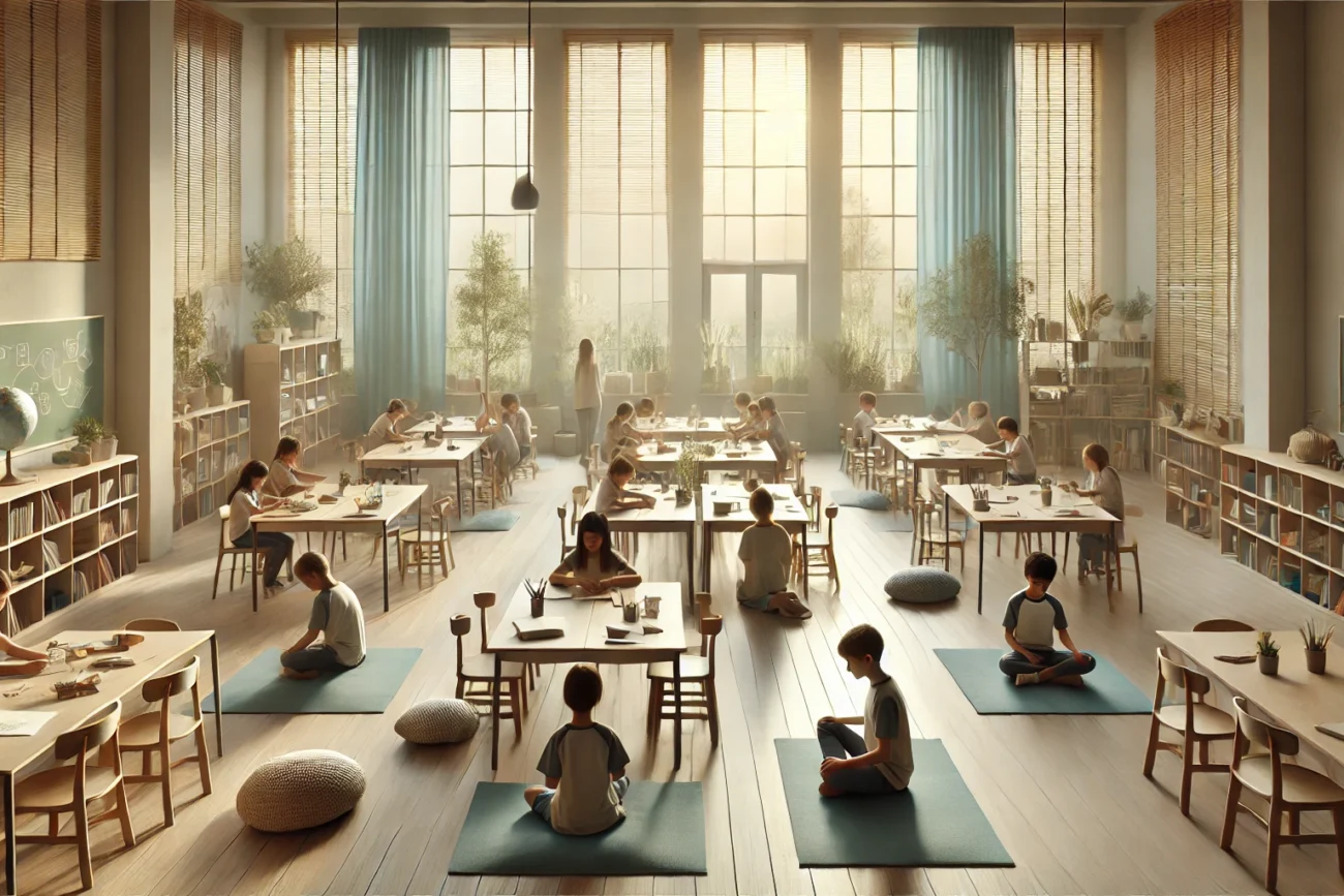 A wide image showing a serene classroom environment with students engaged in quiet, creative activities and meditative exercises. The room is softly l