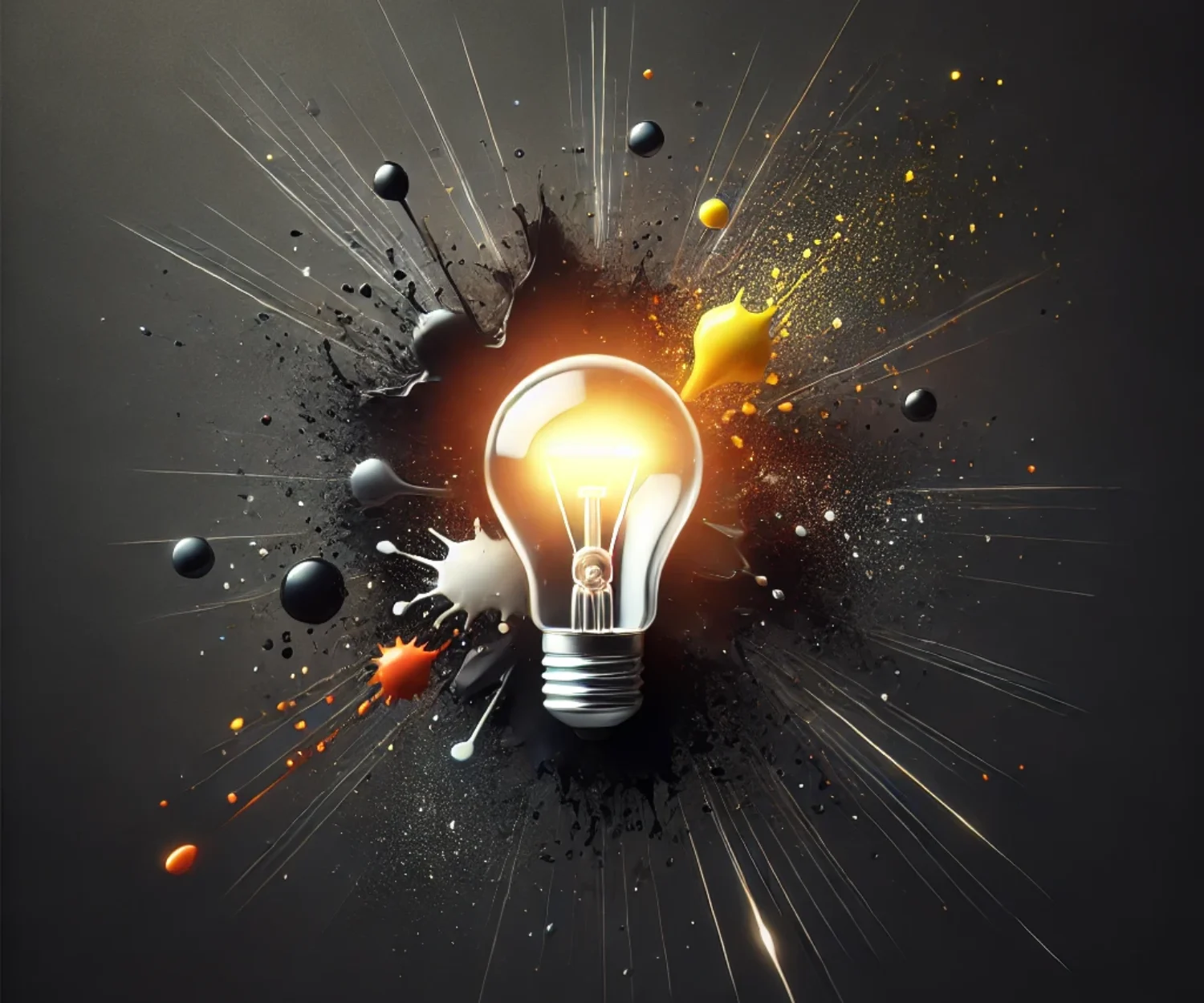 DALL·E minimalist and edgy close-up image of creativity bursting out. Focus on a single glowing light bulb and a few paint splashes emerging from a central