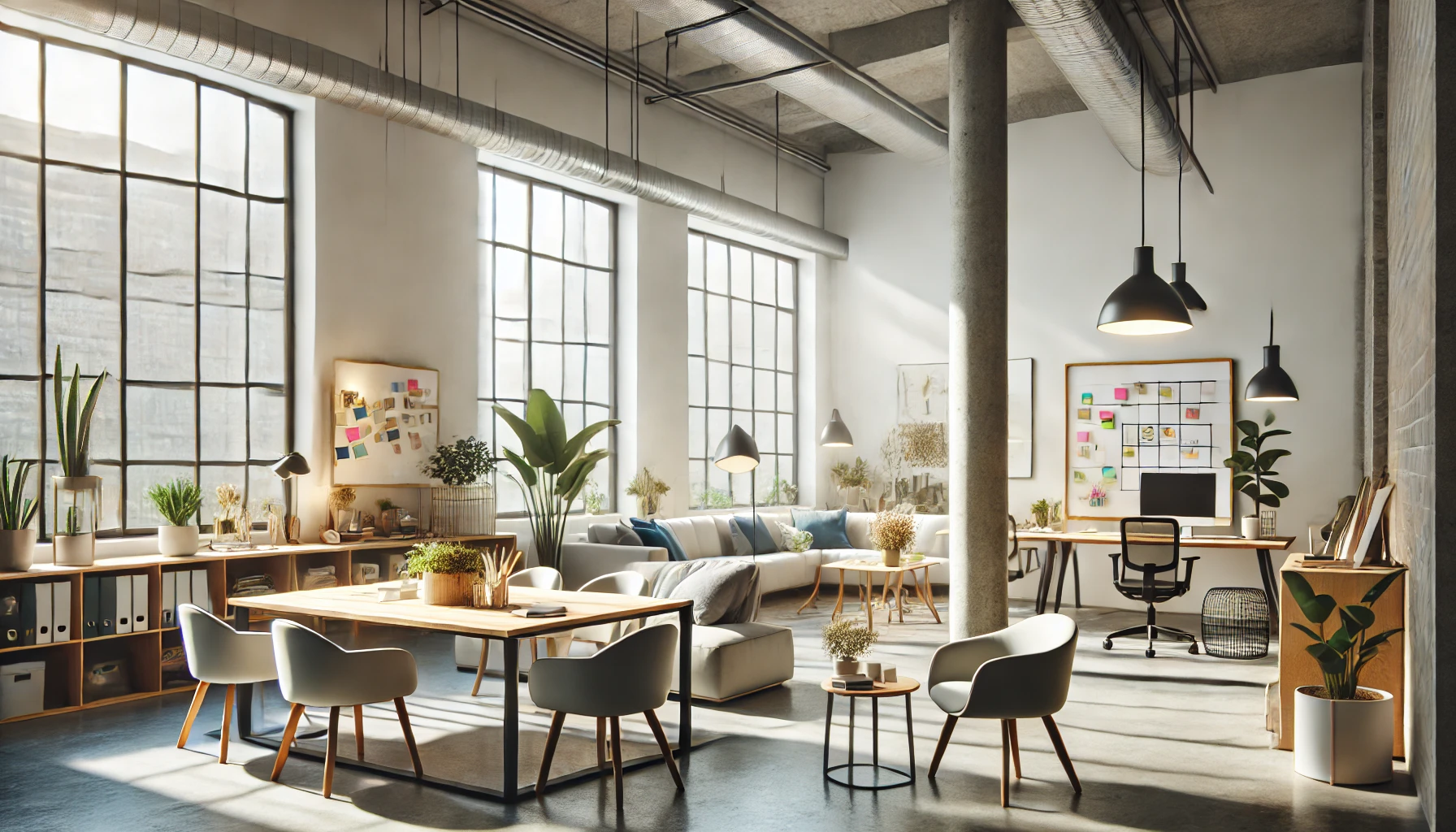 inspiring workspace. The scene features a modern office with an open layout, minimalistic design, and comfortable furniture. There are areas