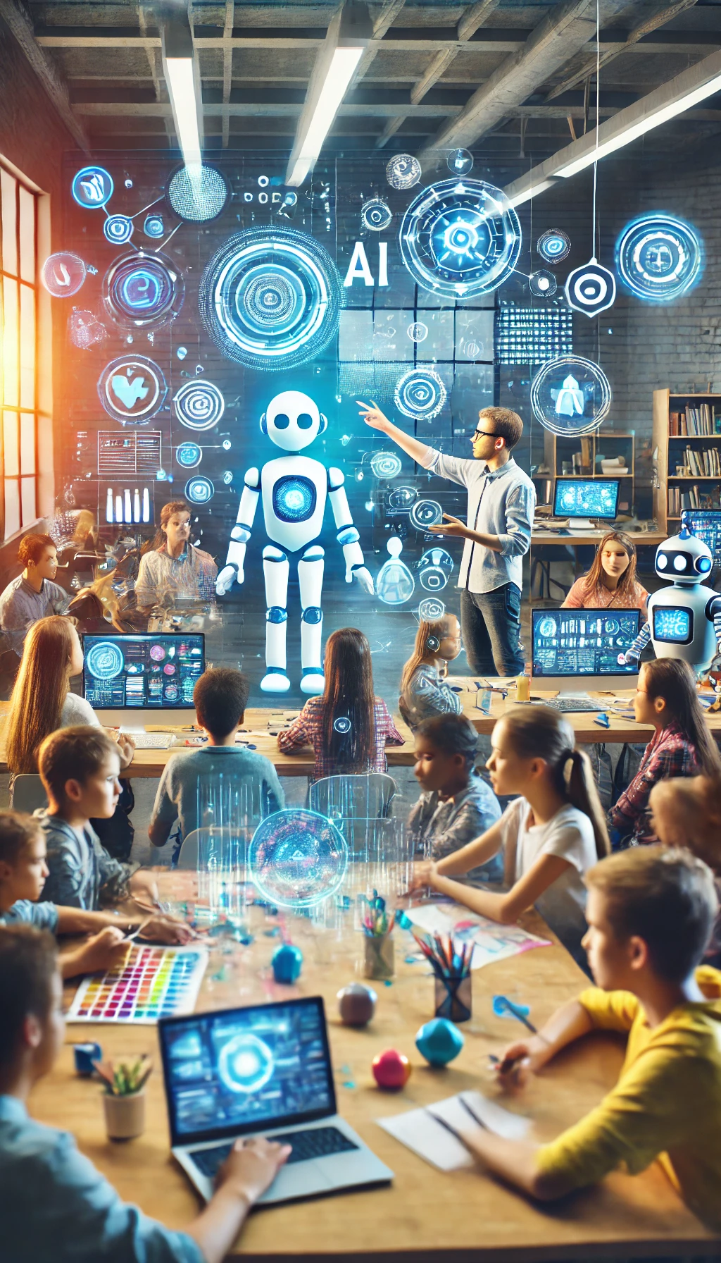 AI I Skolan 1 A vertical image (9 16 ratio) depicting a vibrant and futuristic AI workshop for students. The scene includes young students actively engaging with AI